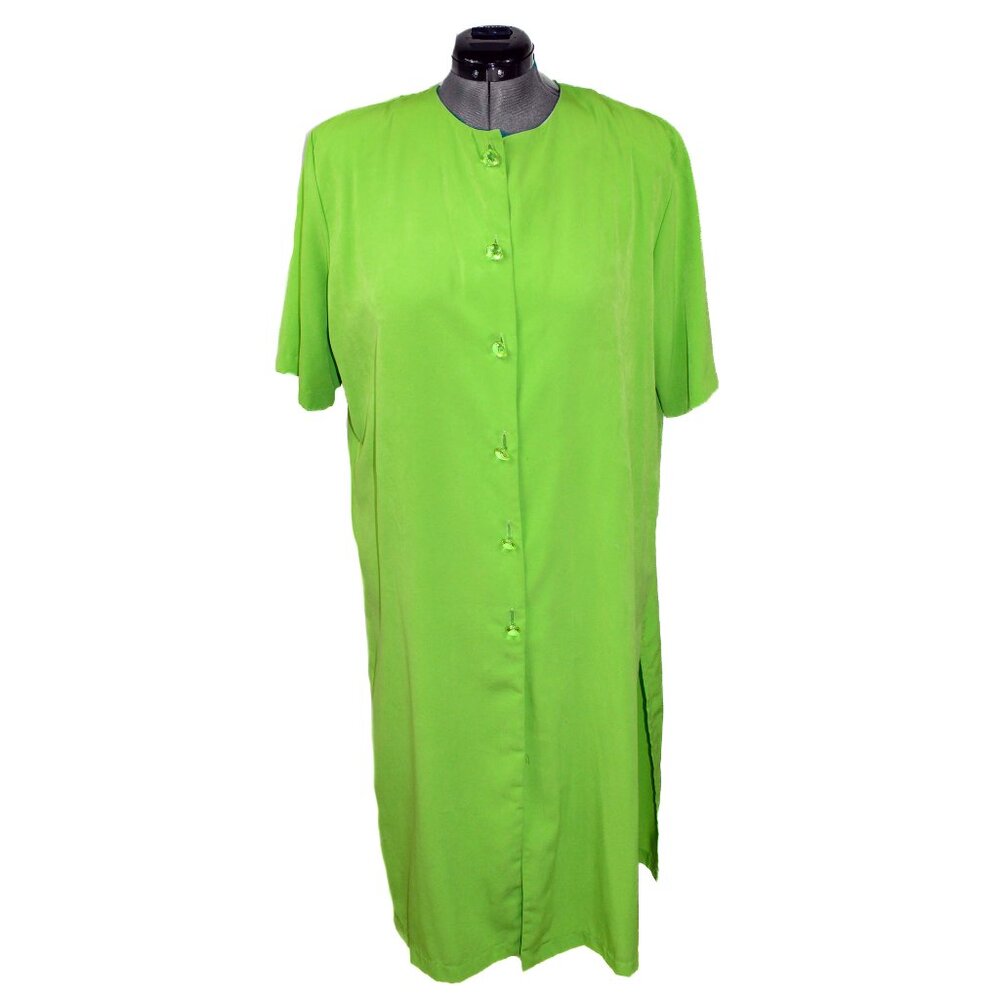 VINTAGE RUTH NORMAN New York Large Green Maxi Dress Caftan Button Neon 80s 90s